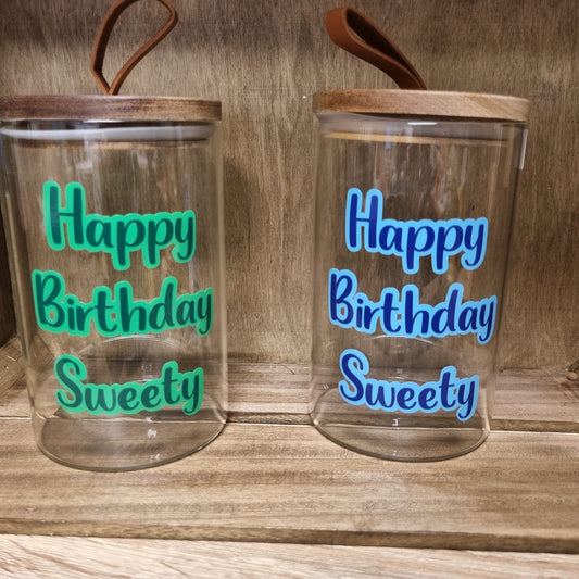 Happy Birthday glass storage jar.